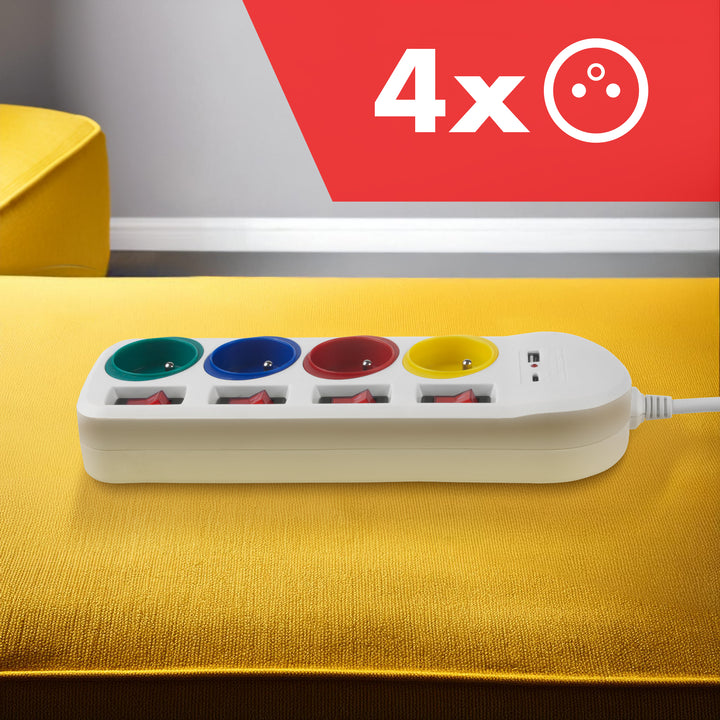 Maclean konnektor, 4 csatlakozós hosszabbító kábel + USB A/C, kapcsolókkal, 250VAC/10A, 1,5m, fehér, MCE508 W
