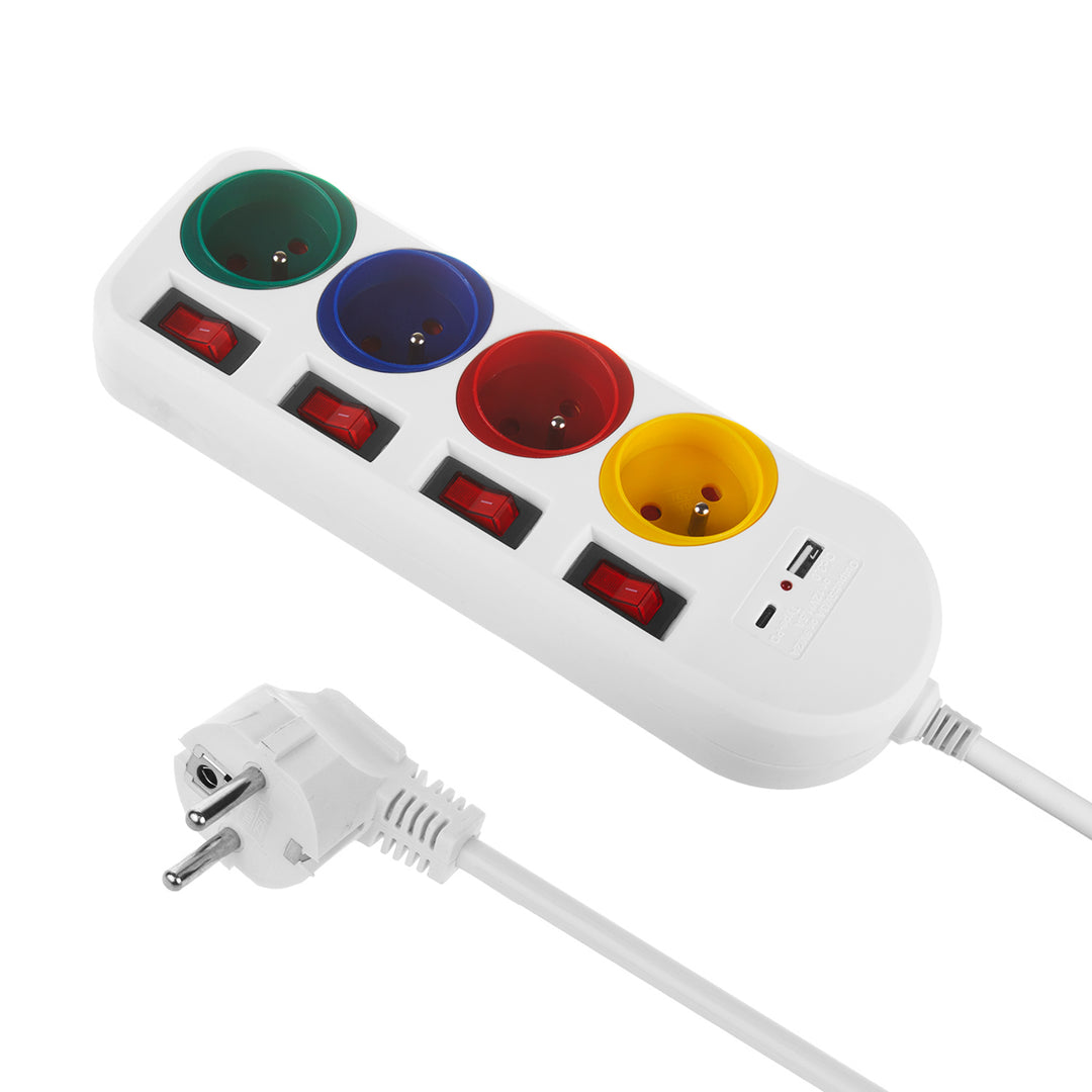 Maclean konnektor, 4 csatlakozós hosszabbító kábel + USB A/C, kapcsolókkal, 250VAC/10A, 1,5m, fehér, MCE508 W