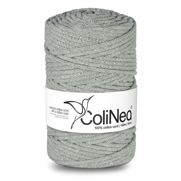 ColiNea, pamut zsinór pamut maggal, fonott, 5mm, 100m, szürke, ezüst fonallal