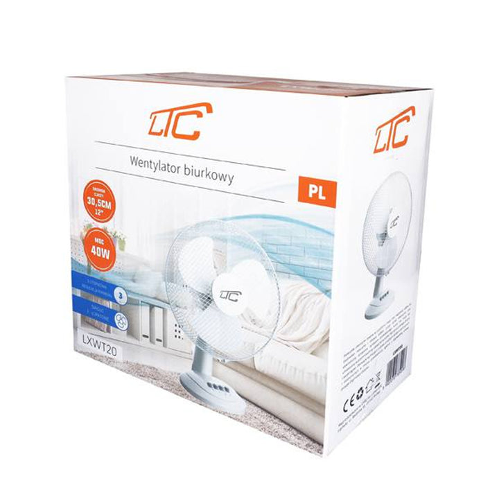 LTC asztali ventilátor, oszcilláló, állítható szögű, 38W, fehér, LXWT20