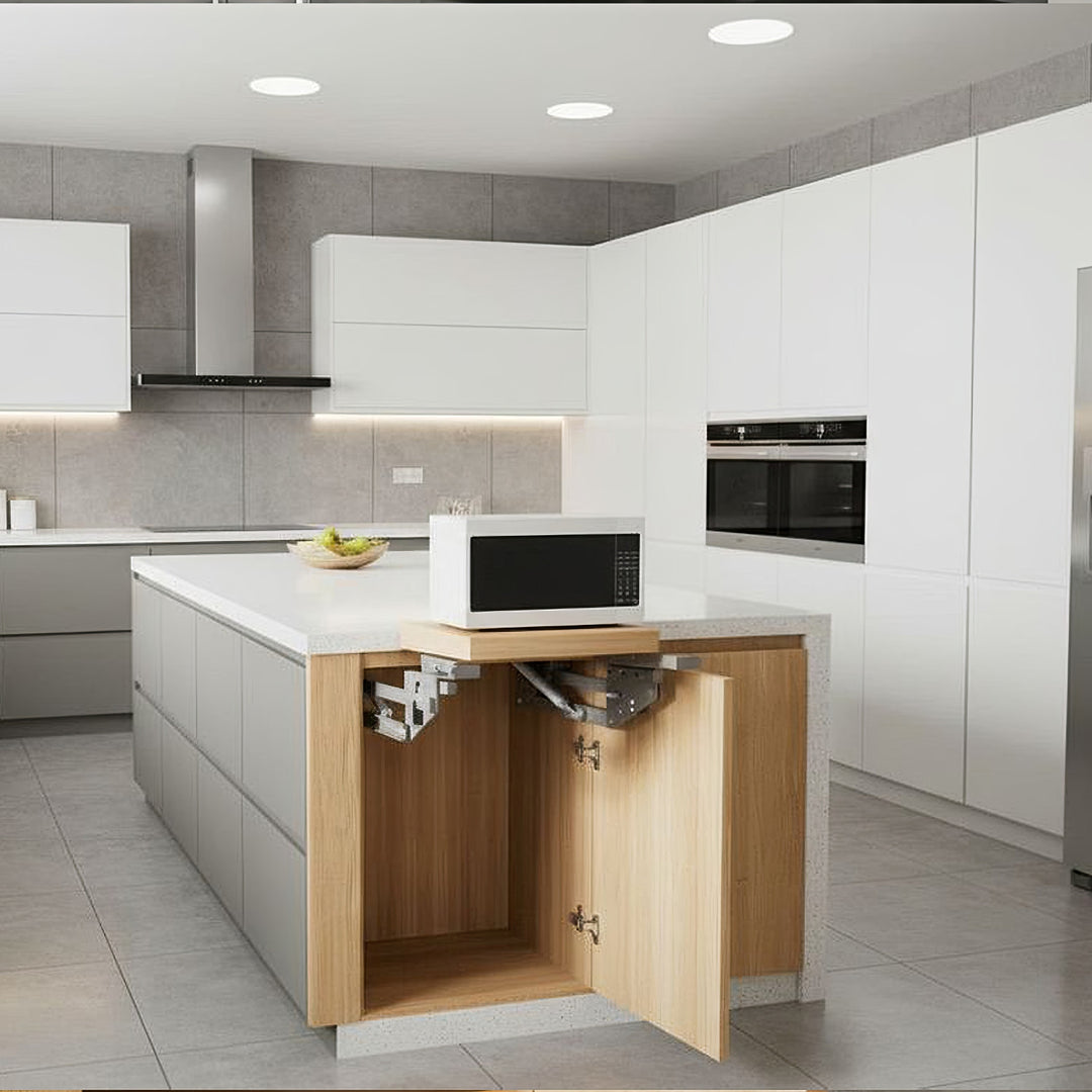 Emelő, beépített, kihúzható konyhai polc 5-20kg. 820x168x106mm MC-497
