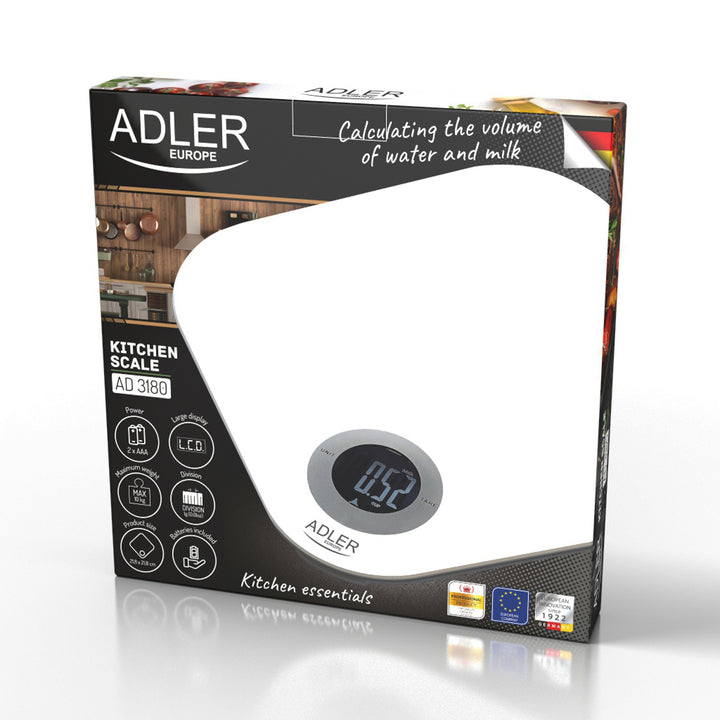 Adler konyhai mérleg, edzett üveg, LCD kijelző, 10 kg-ig, AD 3180