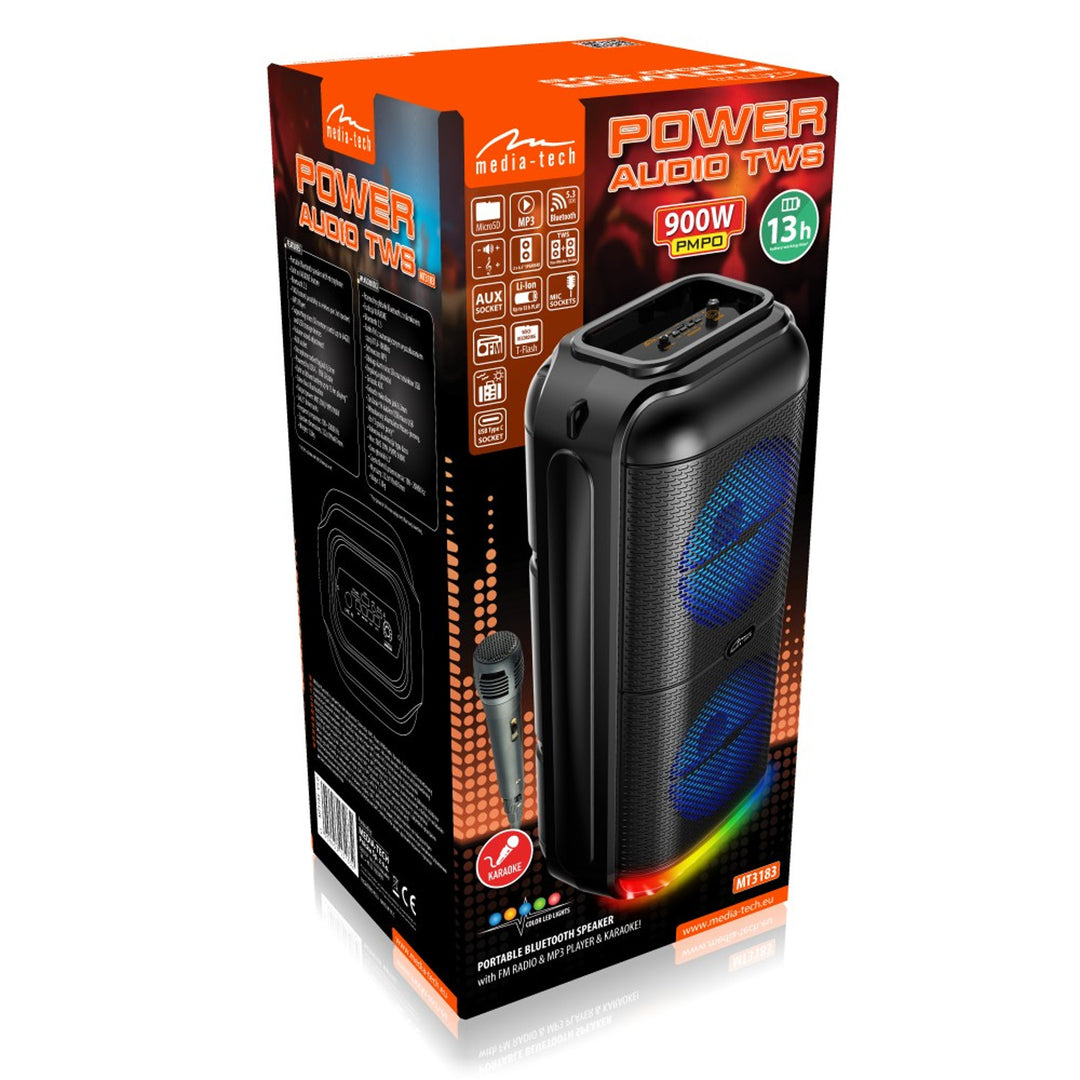 Media-Tech hordozható hangszóró, karaoke, Bluetooth 5.3, 900W, MT3183