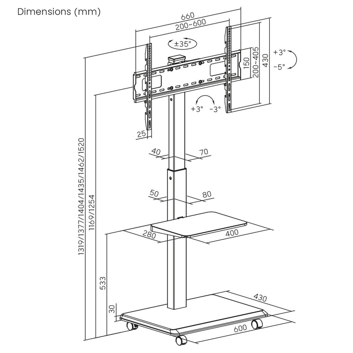 TV állvány / kocsi Ergo-Office, max. terhelés 50kg / 5kg polc, max. VESA 600x400, beépített konnektor, fekete, ER-304 B