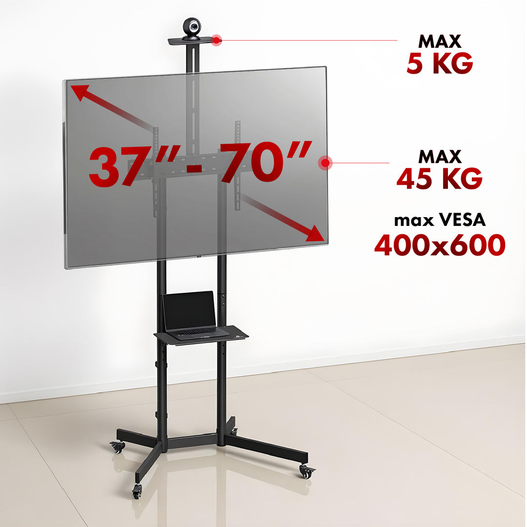 Maclean TV állvány / kocsi, kamera polc, kerekeken, 37-70", max. terhelés 45kg/5kg polc, max. VESA 600x400, MC-113 B