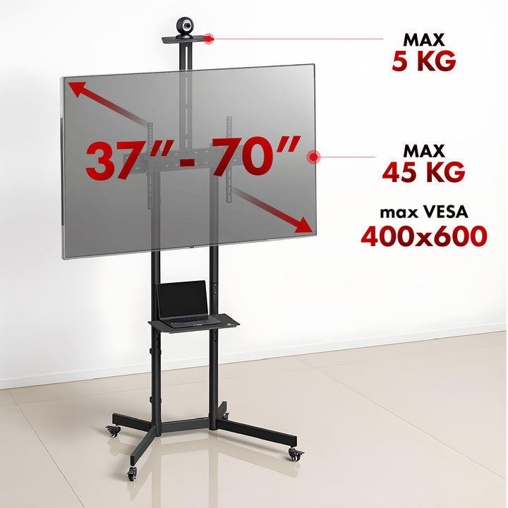 Maclean TV állvány / kocsi, kamera polc, kerekeken, 37-70", max. terhelés 45kg/5kg polc, max. VESA 600x400, MC-113 B