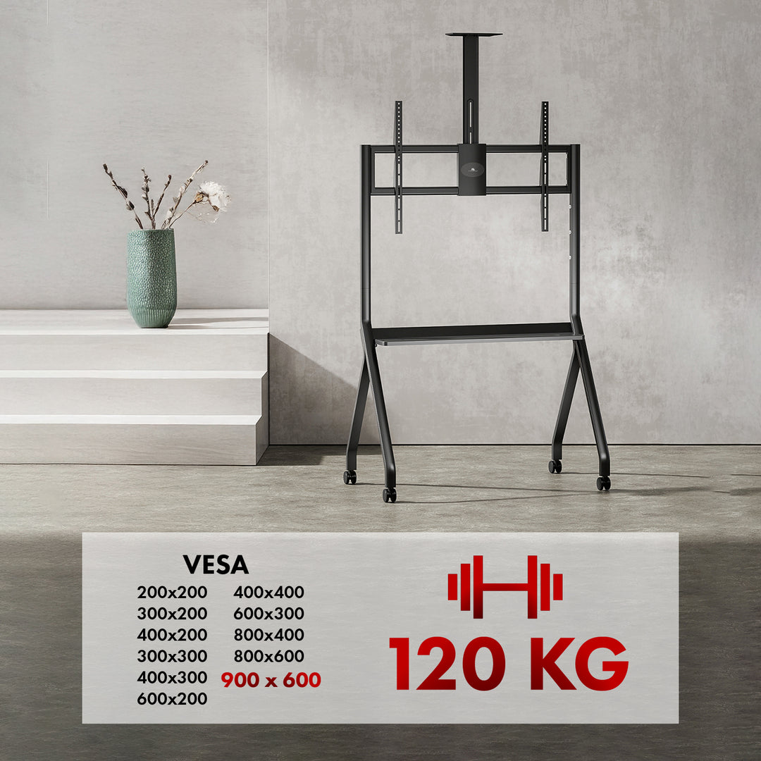 Maclean TV állvány / kocsi, kamera polc, kerekeken, 55-100", max. terhelés 120kg/10kg polc, max. VESA 900x600, fekete, MC-114 B