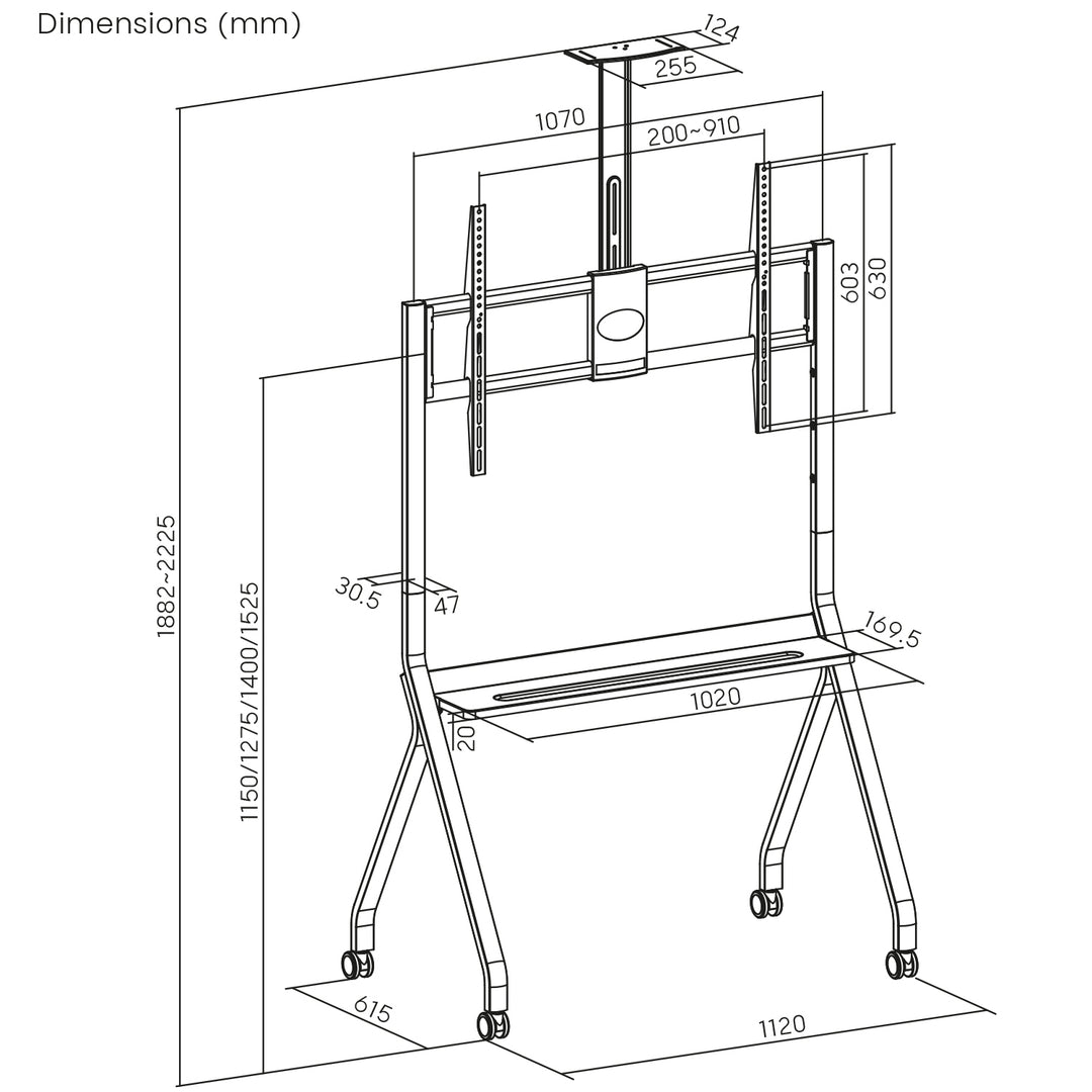 Maclean TV állvány / kocsi, kamera polc, kerekeken, 55-100", max. terhelés 120kg/10kg polc, max. VESA 900x600, fehér, MC-114 W