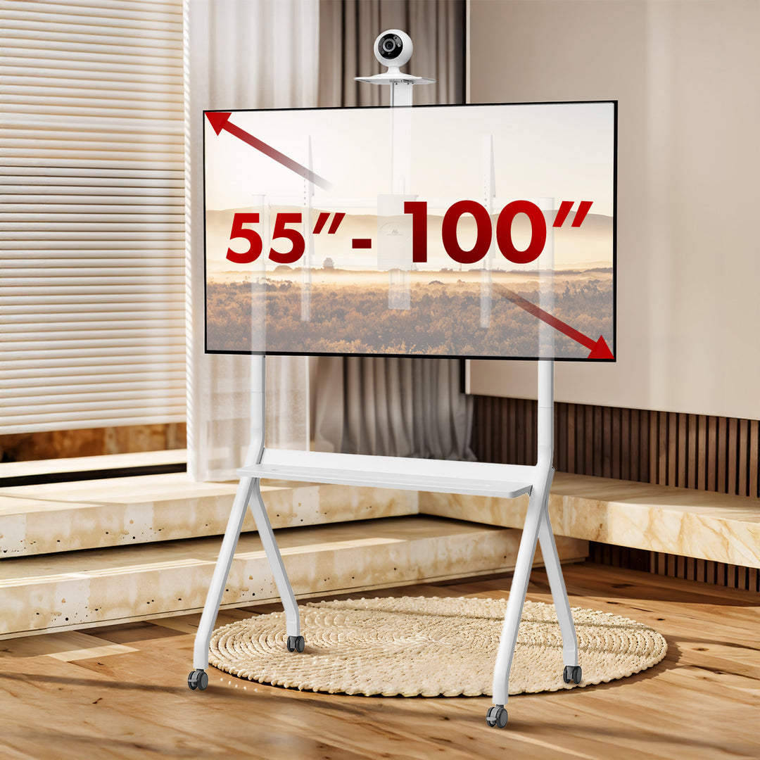 Maclean TV állvány / kocsi, kamera polc, kerekeken, 55-100", max. terhelés 120kg/10kg polc, max. VESA 900x600, fehér, MC-114 W