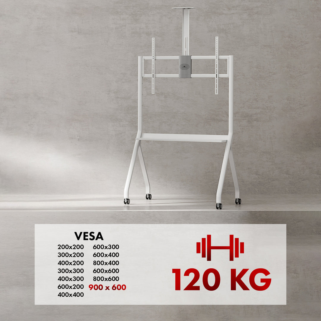 Maclean TV állvány / kocsi, kamera polc, kerekeken, 55-100", max. terhelés 120kg/10kg polc, max. VESA 900x600, fehér, MC-114 W