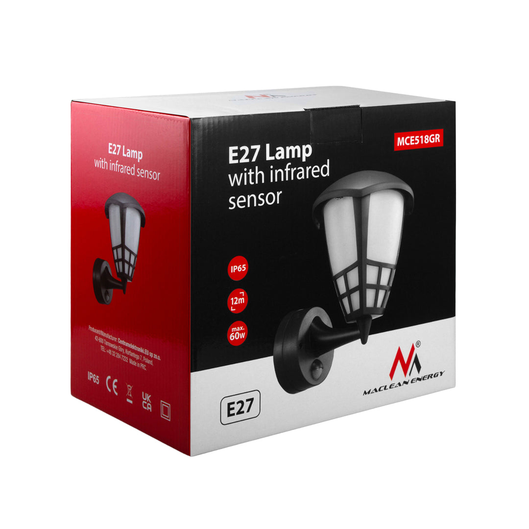 Fali lámpa 1xE27 érzékelővel Maclean, infravörös érzékelő, max. terhelés 60W, IP65, szürke színű, MCE518 GR + LED izzó E27, 6W 230V Maclean Energy MCE267 WW meleg fehér 3000Klm 720lm retro edison dekoratív