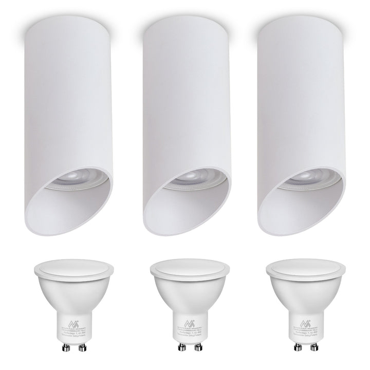 Maclean felszíni lámpatest / cső, spot, kerek, alumínium, GU10, 55x130mm, fehér, MCE360 W 3db + LED izzó GU10 7W Maclean Energy MCE437 WW meleg fehér 3000K, 220-240V~, 50/60Hz, 3db