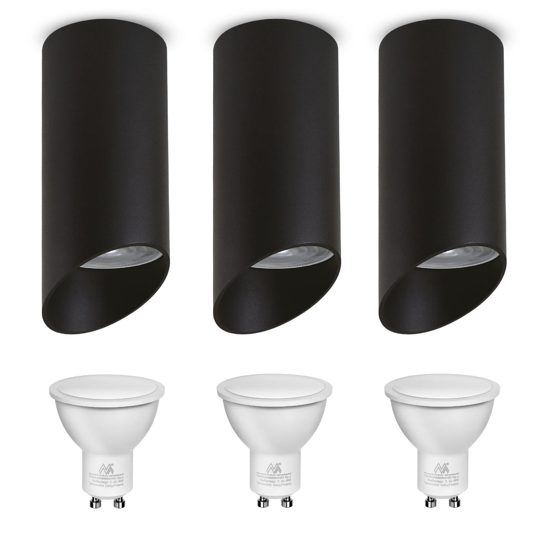Maclean felszíni lámpatest/cső, spot, kerek, alumínium, GU10, 55x130mm, fekete színű, MCE360 B 3db + LED izzó GU10 7W Maclean Energy MCE437 WW meleg fehér 3000K, 220-240V~, 50/60Hz, 3db