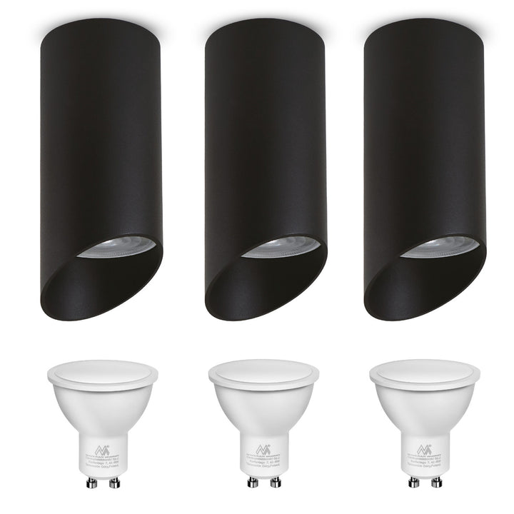 Maclean felszíni lámpatest/cső, spot, kerek, alumínium, GU10, 55x130mm, fekete színű, MCE360 B 3db + LED izzó GU10 7W Maclean Energy MCE437 WW meleg fehér 3000K, 220-240V~, 50/60Hz, 3db