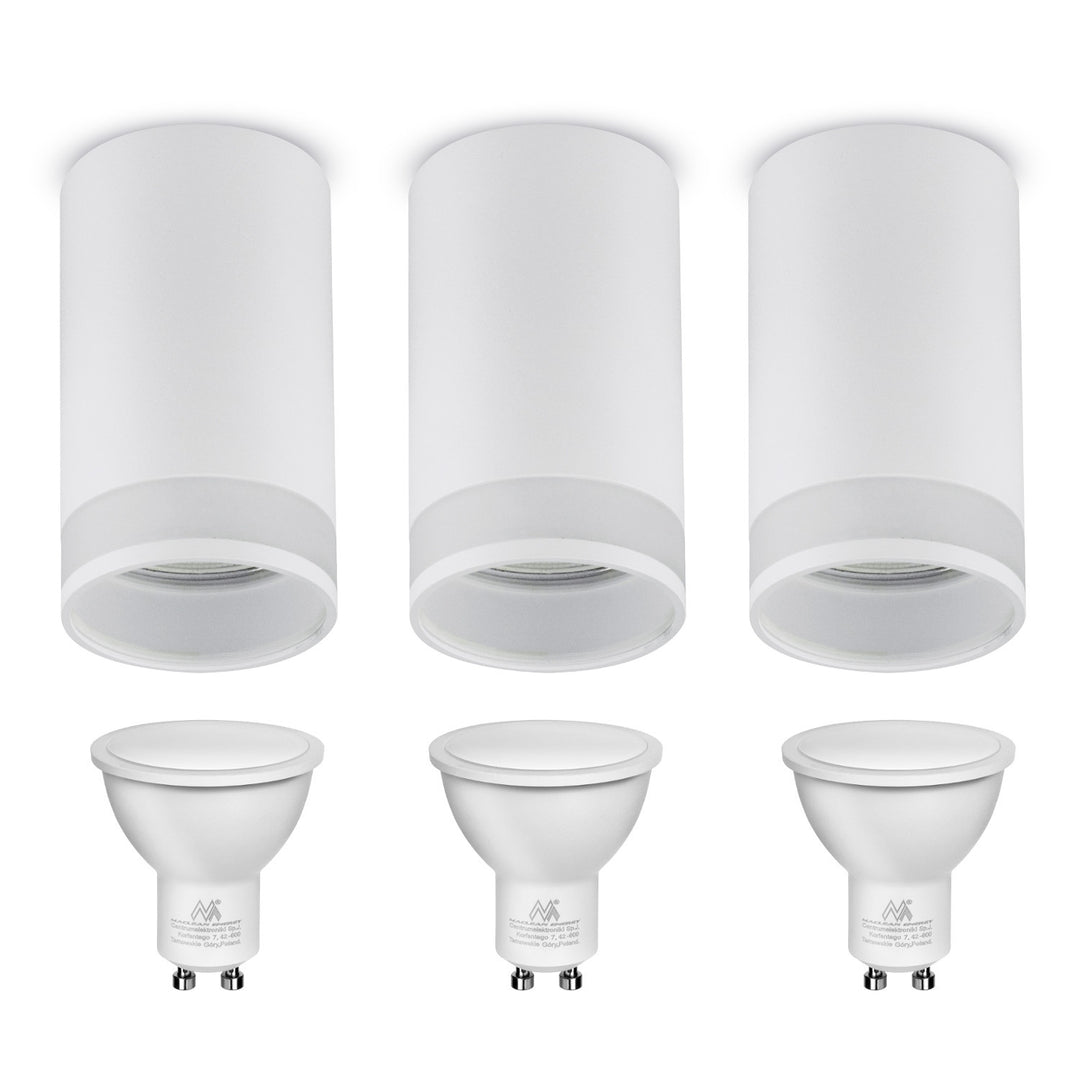 Maclean felszíni lámpatest / cső, spot, kerek, alumínium, GU10, 55x130mm, fehér, MCE361 W 3db + LED izzó GU10 7W Maclean Energy MCE437 WW meleg fehér 3000K, 220-240V~, 50/60Hz 3db