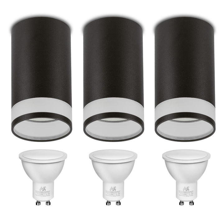 Maclean felszíni lámpatest/cső, spot, kerek, alumínium, GU10, 55x130mm, fekete szín, MCE361 B 3db + LED izzó GU10 7W Maclean Energy MCE437 WW meleg fehér 3000K, 220-240V~, 50/60Hz, 490lm, 3db