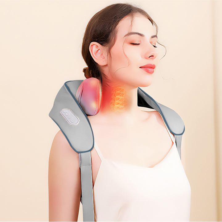 Váll- és nyakmasszírozó. Shiatsu, 5D kézimitáció, 6 masszázsfej, 3 üzemmód, 3 sebesség, vezeték nélküli, USB-C töltőport Nyak- és vállmasszírozó masszírozó.