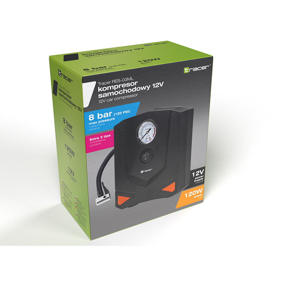 Tracer kompresszor, autóhoz, motorkerékpárhoz, kerékpárhoz, labdához, 120W, 8 bar, RES-03ML