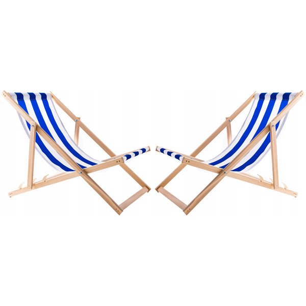 2 db kék csíkos strandfotel + fa dohányzóasztal Woodok