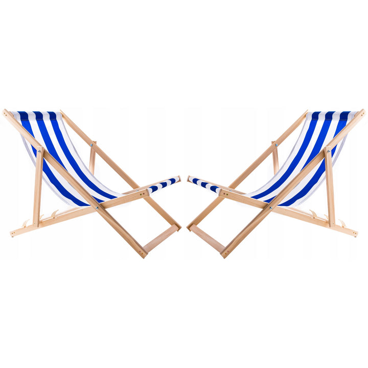 2 db kék csíkos strandfotel + fa dohányzóasztal Woodok