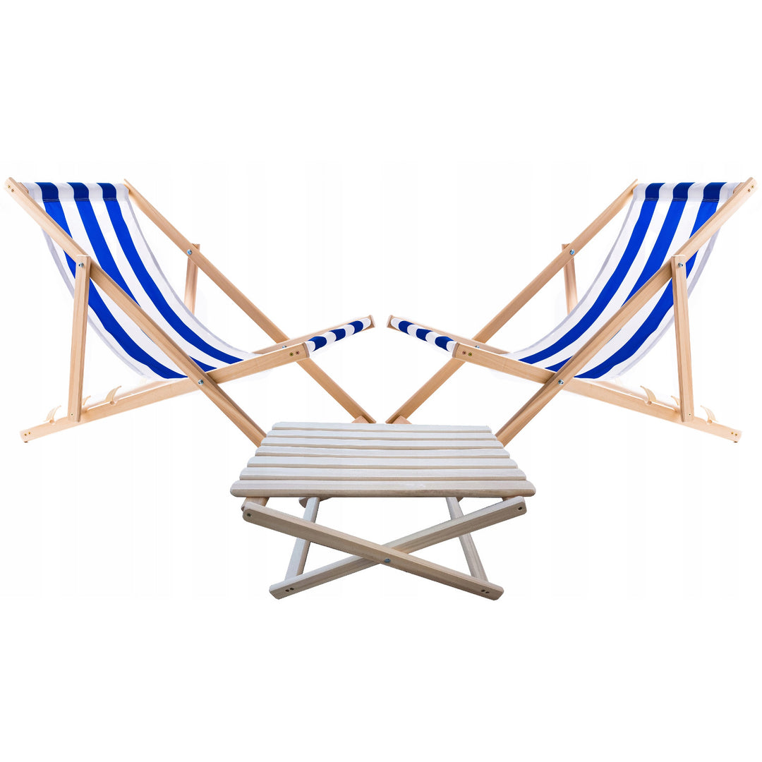 2 db kék csíkos strandfotel + fa dohányzóasztal Woodok