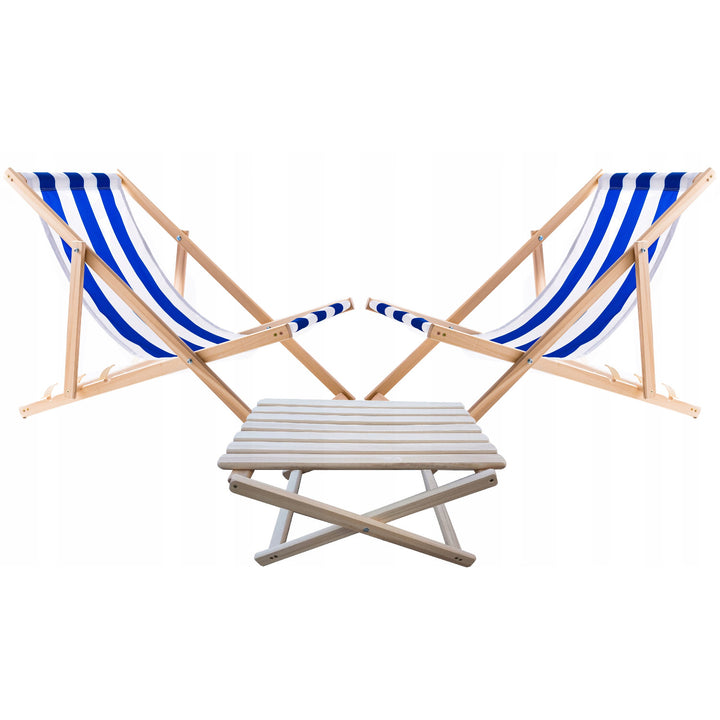 2 db kék csíkos strandfotel + fa dohányzóasztal Woodok