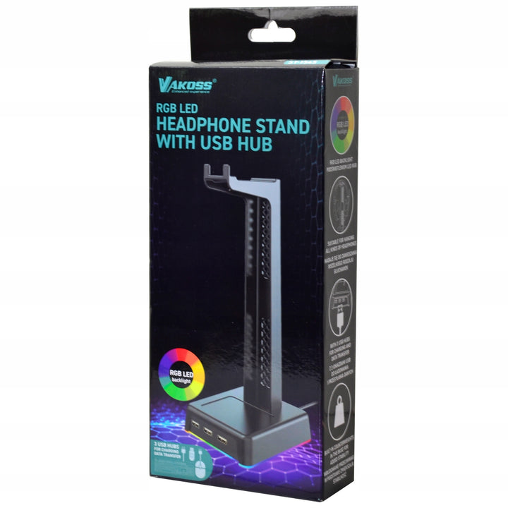 Asztali állvány fejhallgatóhoz, 3xUSB hub, LED háttérvilágítás, ST-1545