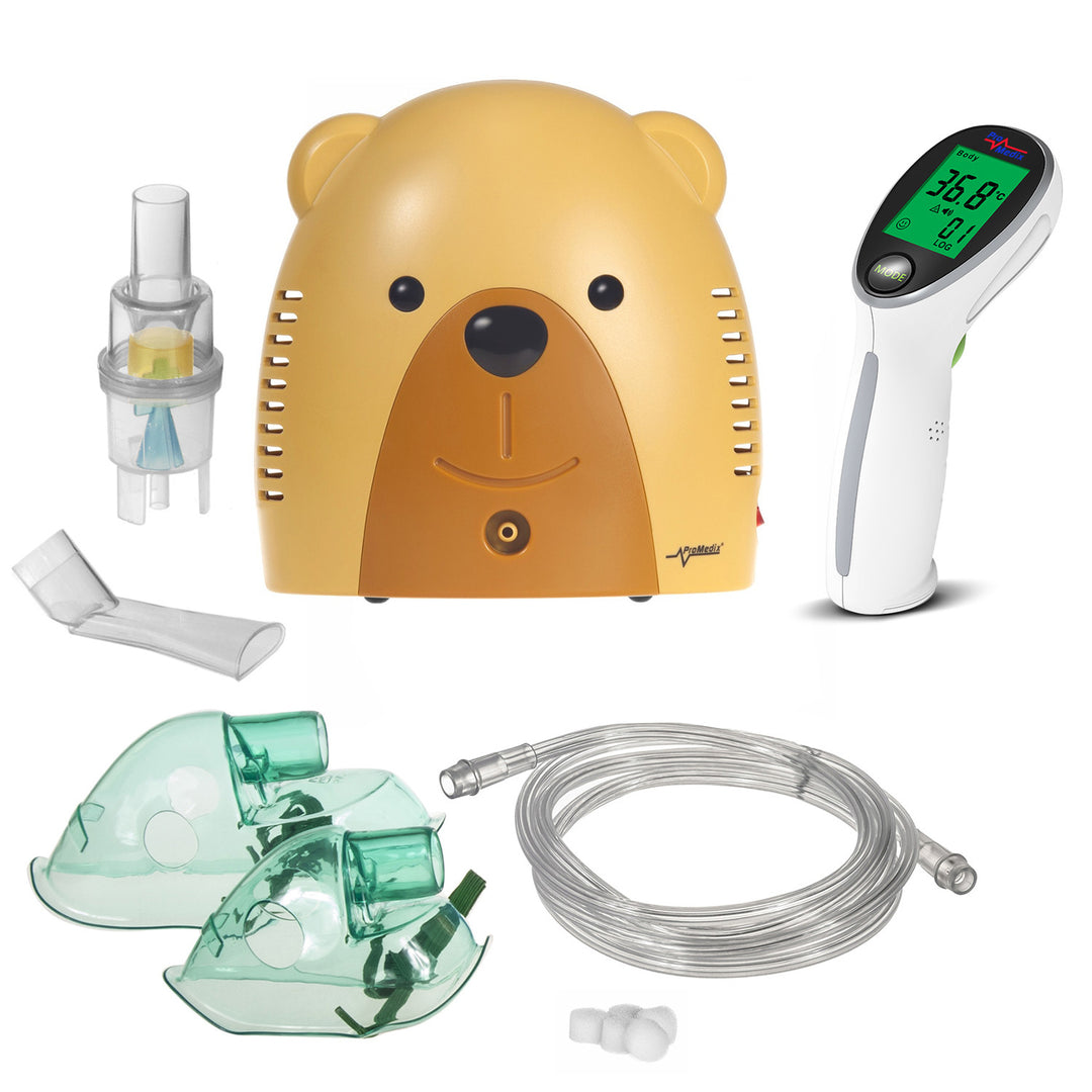 Promedix gyermek inhalátor, mackó, porlasztó, maszk, szűrőkészlet, PR-811 + Promedix PR-960 infravörös érintésmentes orvosi hőmérő