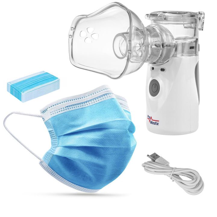 Promedix hordozható / kézi vezeték nélküli porlasztó inhalátor, készlet, maszkok, PR-835 + 2x CE EN 14683:2019 orvosi maszkok - készlet - kék színű 10 db Promedix PR-280 BFE>98%
