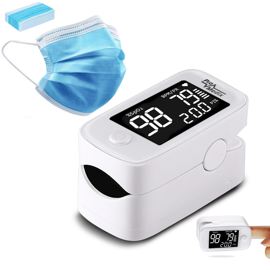 Promedix PR-870 1.5" HD LED-es pulzoximéter orvosi pulzoximéter + 2x CE EN 14683:2019 orvosi maszkok - készlet - kék színű 10 db Promedix PR-280 BFE>98%