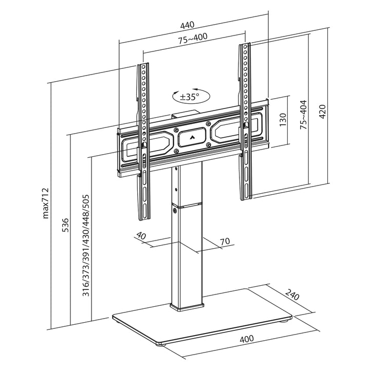 Univerzális TV állvány Maclean, RTV szekrényhez, állvány, max. 40kg, max. VESA 400x400, magasság- és szögbeállítás, 32-65" TV-hez, MC-124