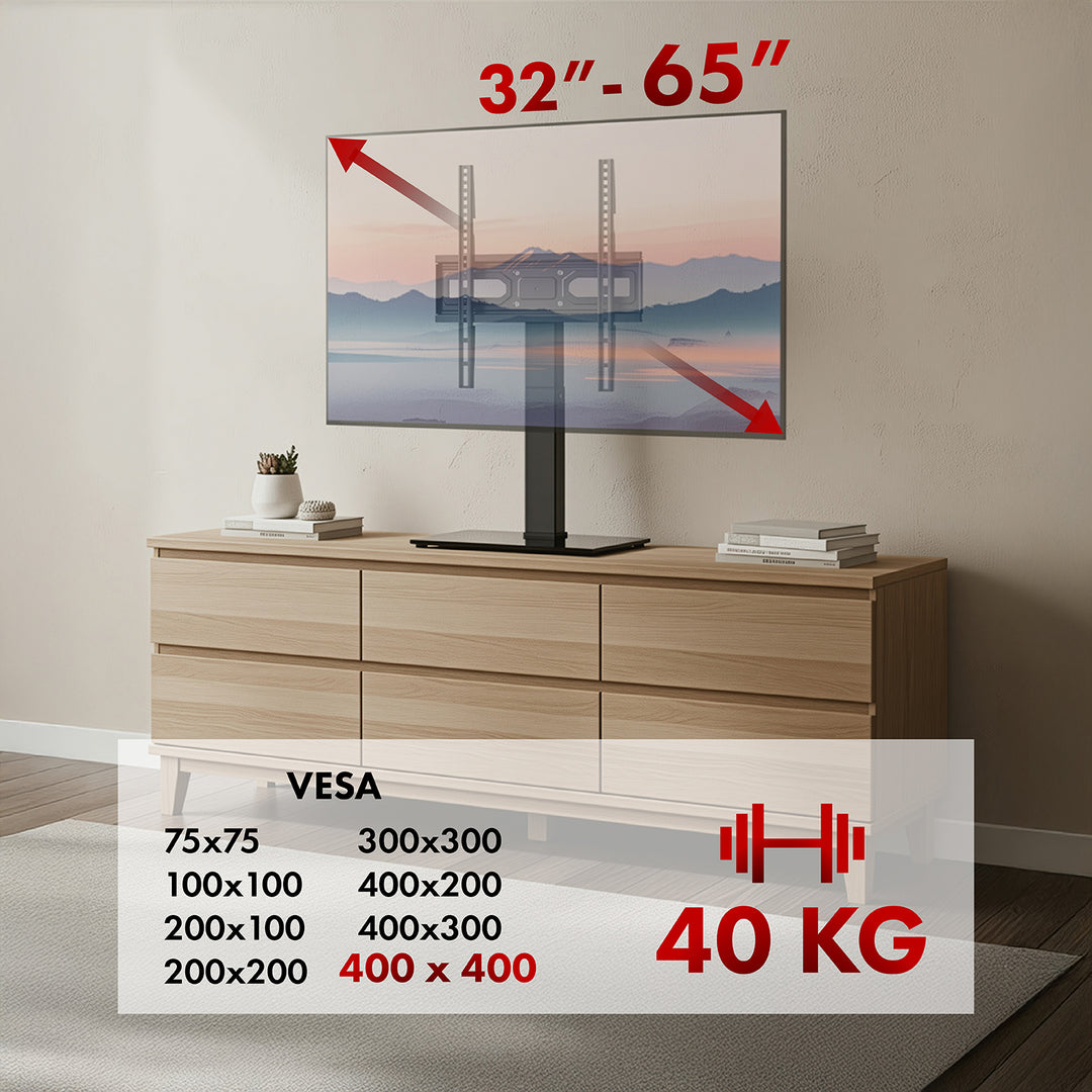 Univerzális TV állvány Maclean, RTV szekrényhez, állvány, max. 40kg, max. VESA 400x400, magasság- és szögbeállítás, 32-65" TV-hez, MC-124