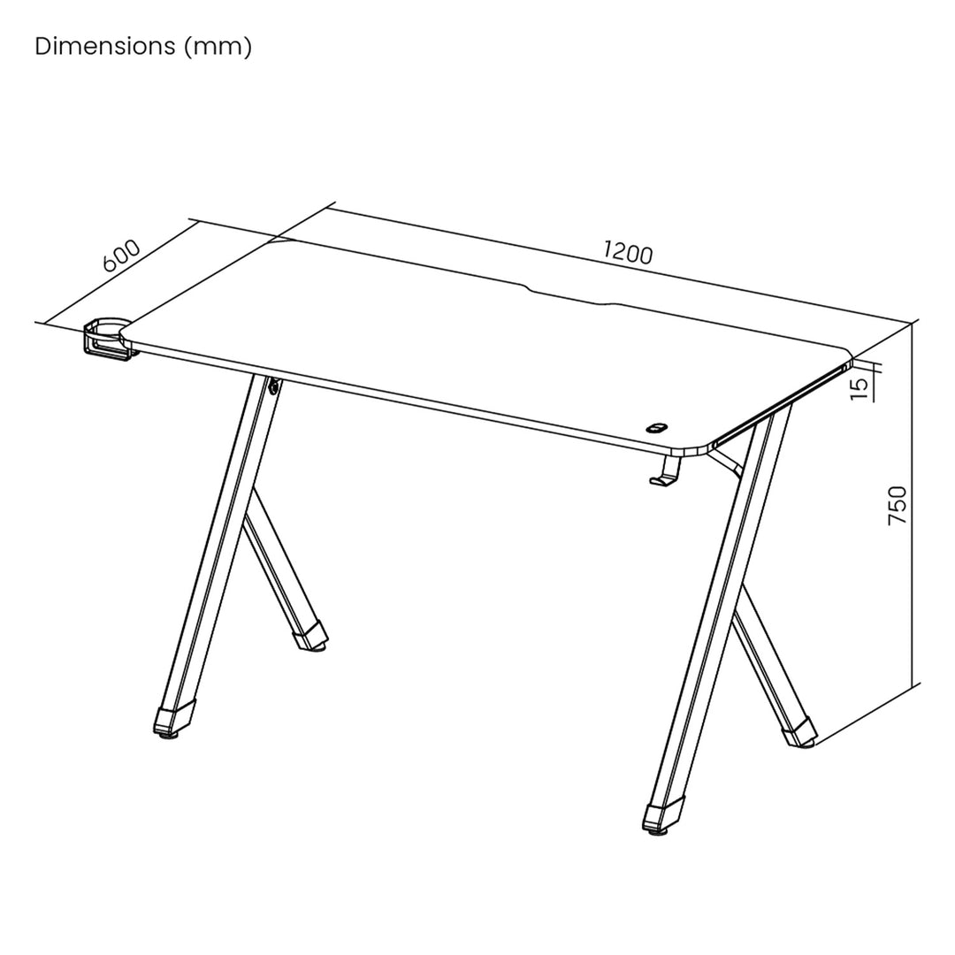 NanoRS játékasztal, fekete, fejhallgató- és pohártartóval, max. 75kg, méretek 1200x600x750mm, RS101