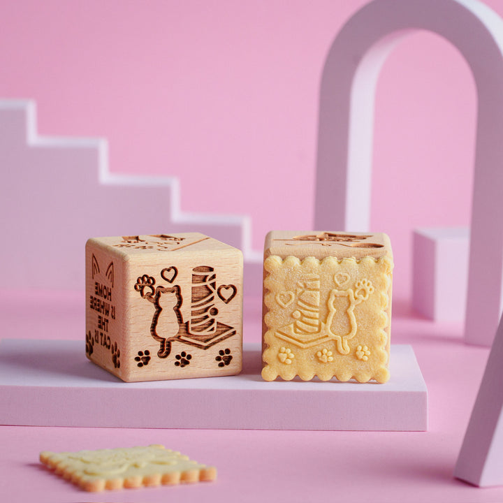 Goody Woody gravírozott tortakocka, 6 cm, bükkfa, 6 minta, macskák