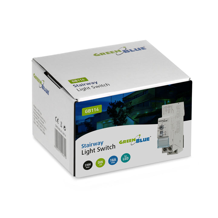 GreenBlue DIN sínre szerelhető automatikus lépcsőházi világítás, 30s-10m vezérlés, max. 2300 W, GB114, 3 db