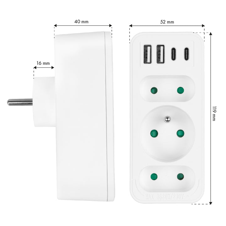 Áramkimenet x3 + 4xUSB Maclean, 3-aljzatos elosztó, 2xUSB A, 2xUSB C PD 20W, 1x16A + 2x6A, MCE248 F/W