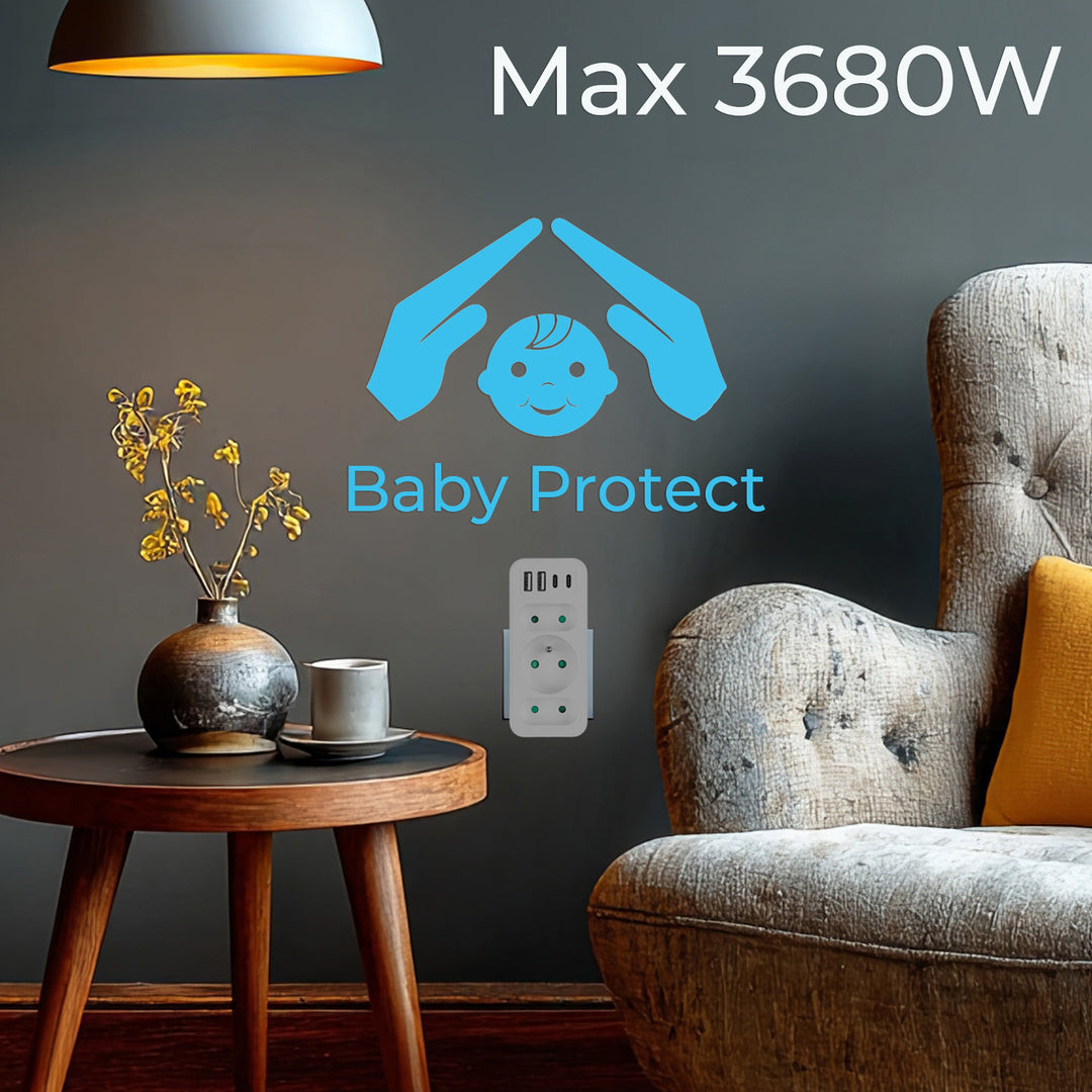 Áramkimenet x3 + 4xUSB Maclean, 3-aljzatos elosztó, 2xUSB A, 2xUSB C PD 20W, 1x16A + 2x6A, MCE248 F/W