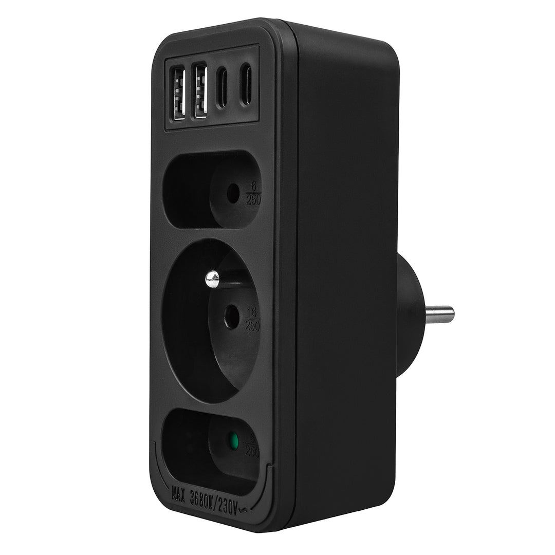 Áramkimenet x3 + 4xUSB Maclean, 3-aljzatos elosztó, 2xUSB A, 2xUSB C PD 20W, 1x16A + 2x6A, MCE248 F/B