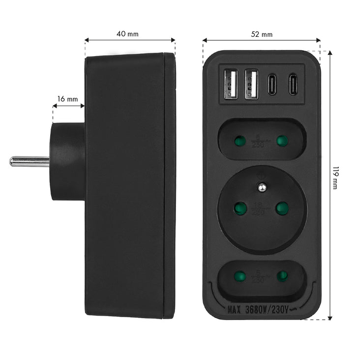 Áramkimenet x3 + 4xUSB Maclean, 3-aljzatos elosztó, 2xUSB A, 2xUSB C PD 20W, 1x16A + 2x6A, MCE248 F/B