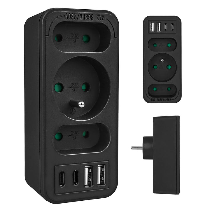Áramkimenet x3 + 4xUSB Maclean, 3-aljzatos elosztó, 2xUSB A, 2xUSB C PD 20W, 1x16A + 2x6A, MCE248 F/B