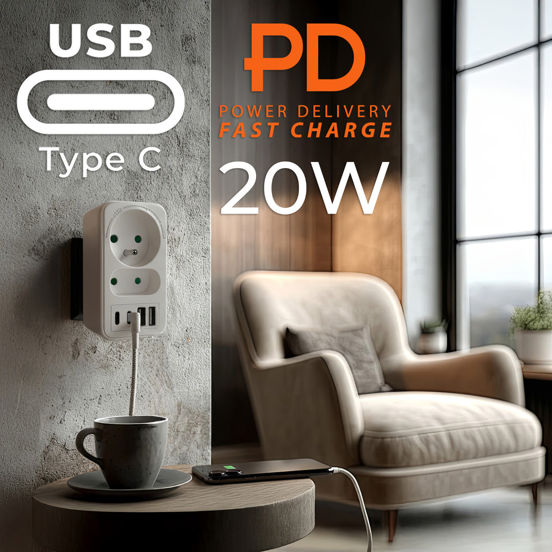 Maclean áram aljzat x2 + 4xUSB, elosztó 2 aljzattal, 2xUSB A, 2xUSB C PD 20W, 1x16A + 1x6A, MCE249 F/W