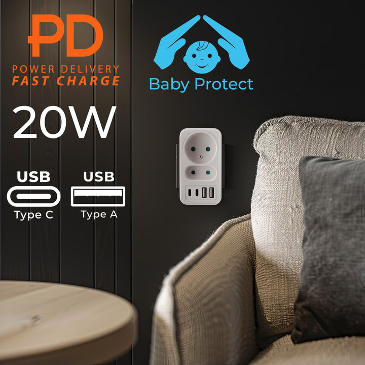 Maclean áram aljzat x2 + 4xUSB, elosztó 2 aljzattal, 2xUSB A, 2xUSB C PD 20W, 1x16A + 1x6A, MCE249 F/W