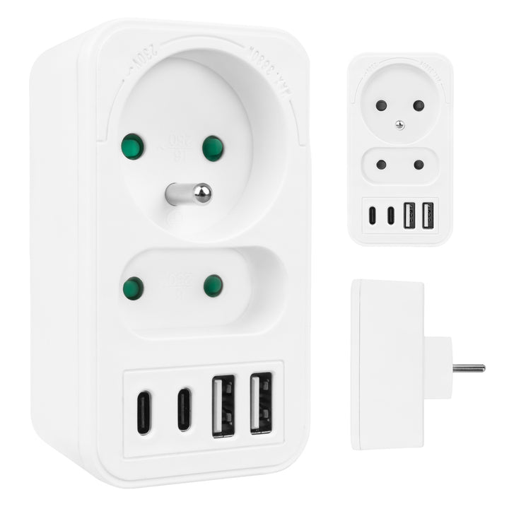 Maclean áram aljzat x2 + 4xUSB, elosztó 2 aljzattal, 2xUSB A, 2xUSB C PD 20W, 1x16A + 1x6A, MCE249 F/W