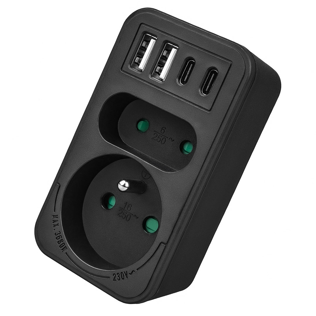 Maclean áram aljzat x2 + 4xUSB, elosztó 2 aljzattal, 2xUSB A, 2xUSB C PD 20W, 1x16A + 1x6A, MCE249 F/B