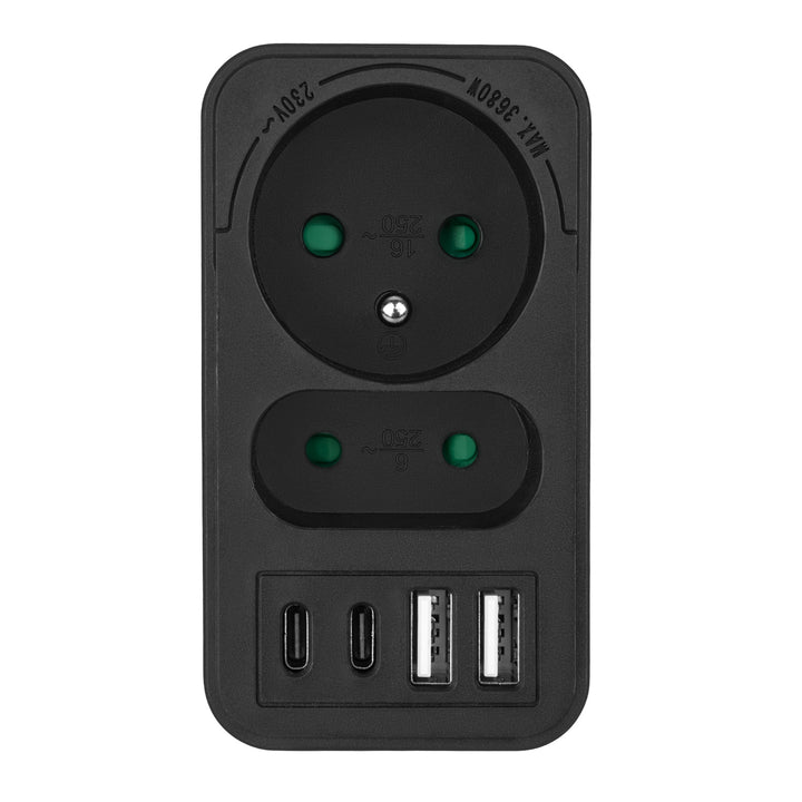 Maclean áram aljzat x2 + 4xUSB, elosztó 2 aljzattal, 2xUSB A, 2xUSB C PD 20W, 1x16A + 1x6A, MCE249 F/B