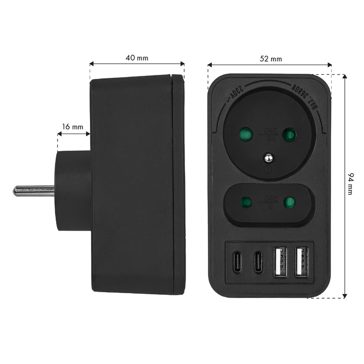 Maclean áram aljzat x2 + 4xUSB, elosztó 2 aljzattal, 2xUSB A, 2xUSB C PD 20W, 1x16A + 1x6A, MCE249 F/B