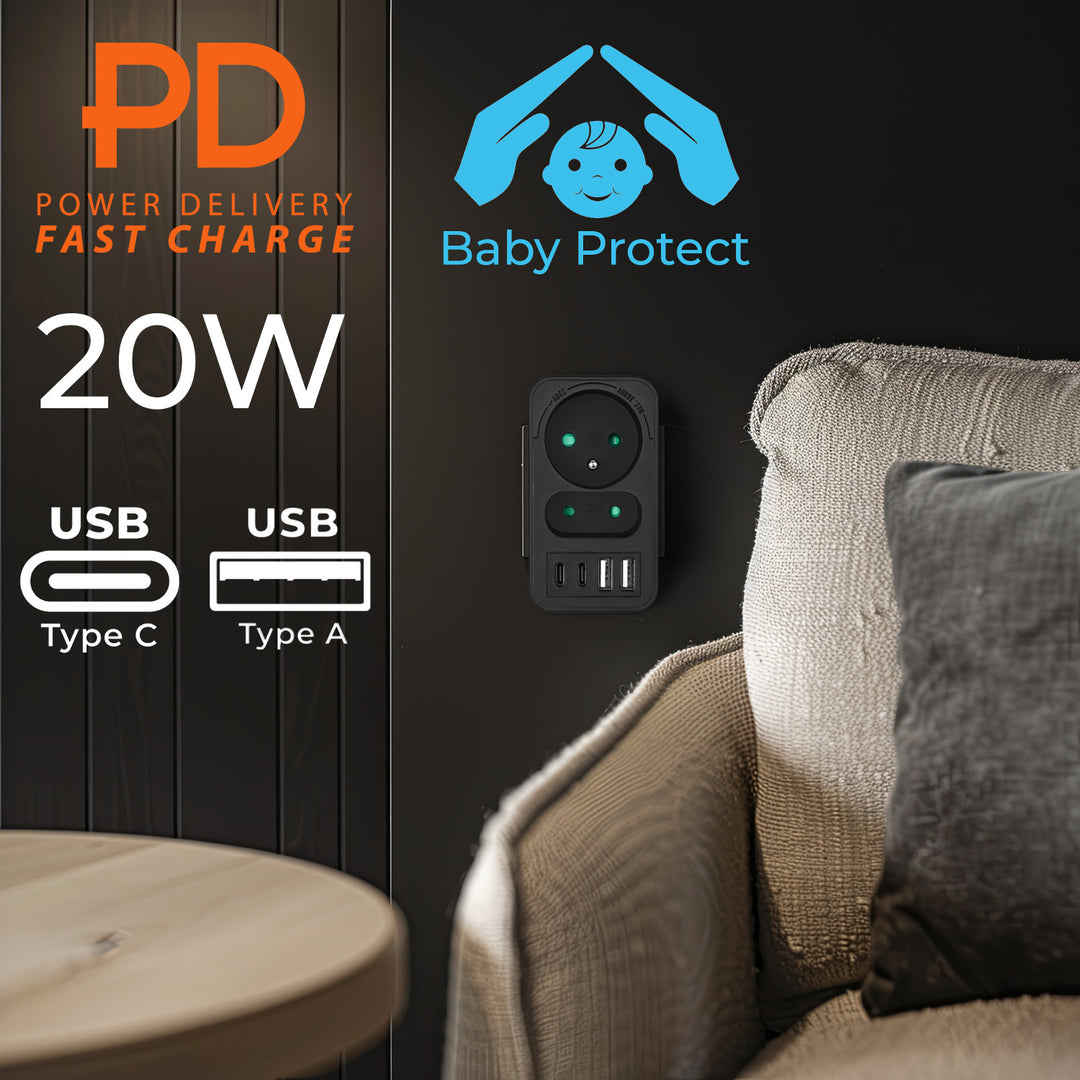 Maclean áram aljzat x2 + 4xUSB, elosztó 2 aljzattal, 2xUSB A, 2xUSB C PD 20W, 1x16A + 1x6A, MCE249 F/B
