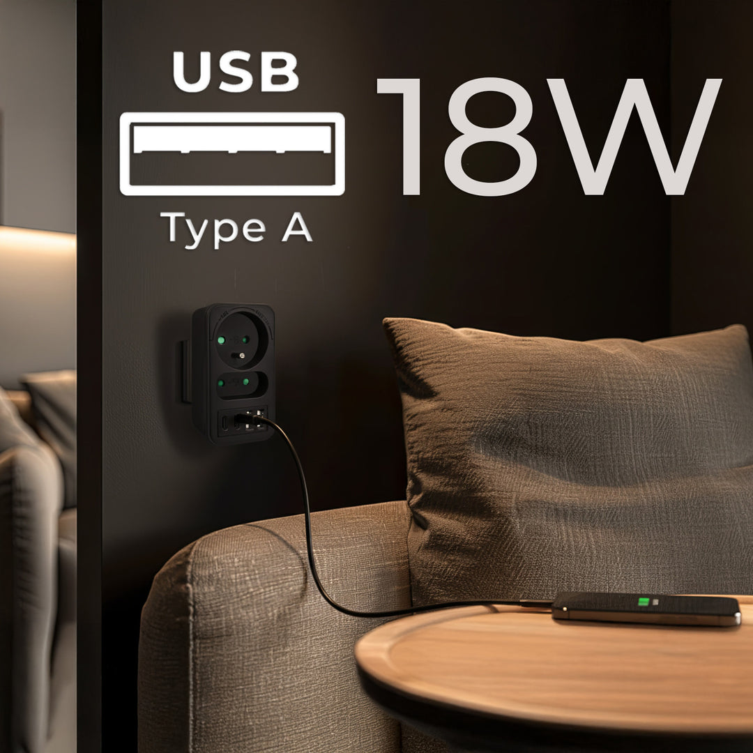 Maclean áram aljzat x2 + 4xUSB, elosztó 2 aljzattal, 2xUSB A, 2xUSB C PD 20W, 1x16A + 1x6A, MCE249 F/B
