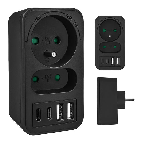 Maclean áram aljzat x2 + 4xUSB, elosztó 2 aljzattal, 2xUSB A, 2xUSB C PD 20W, 1x16A + 1x6A, MCE249 F/B