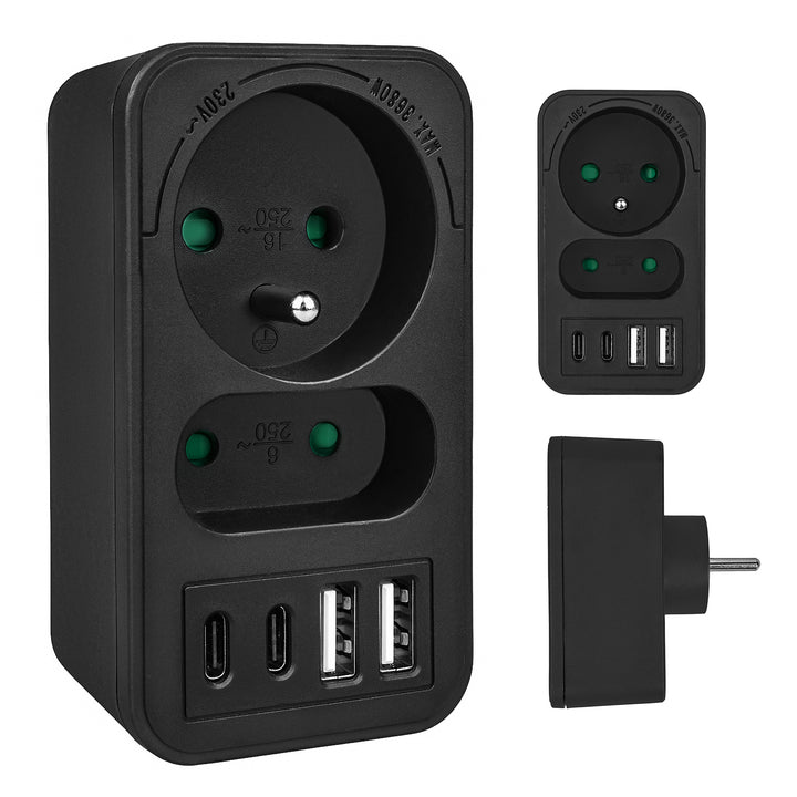 Maclean áram aljzat x2 + 4xUSB, elosztó 2 aljzattal, 2xUSB A, 2xUSB C PD 20W, 1x16A + 1x6A, MCE249 F/B